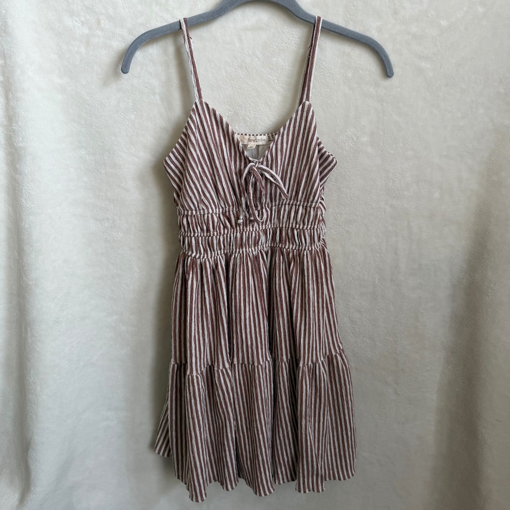 Rewind Women Cottagecore Mauve Stripe Tie Front Smocked Tiered Mini Dress Sz S